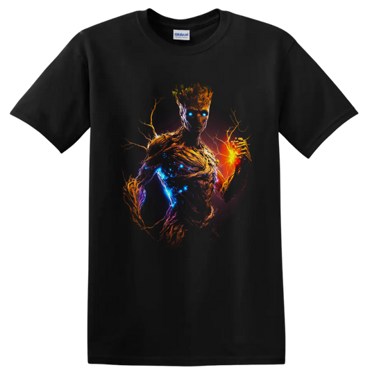 Groot cosmic neon portrait with glowing blue energy, fiery orange hand, and branching bark on a Black T Shirt