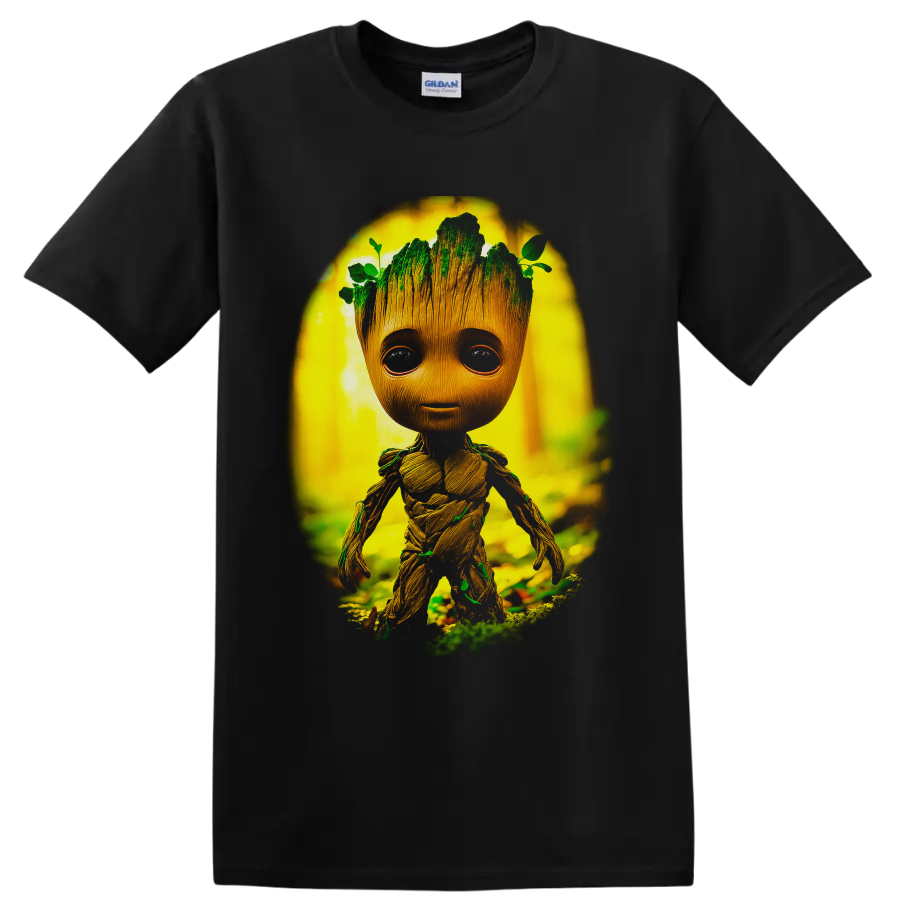 Baby Groot in a glowing forest with moss, vines, leaves, and detailed wood-grain texture on a Black T Shirt