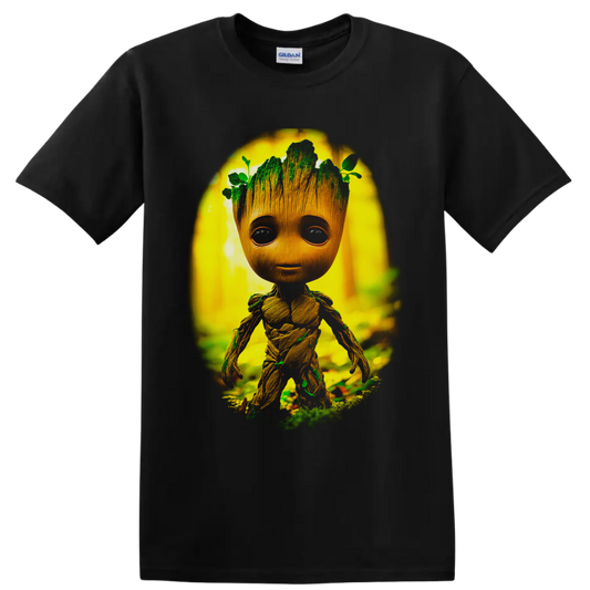 Baby Groot in a glowing forest with moss, vines, leaves, and detailed wood-grain texture on a Black T Shirt