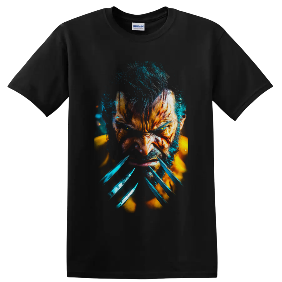 Wolverine Logan clawed close-up portrait in vivid teal and golden action art on a Black T Shirt