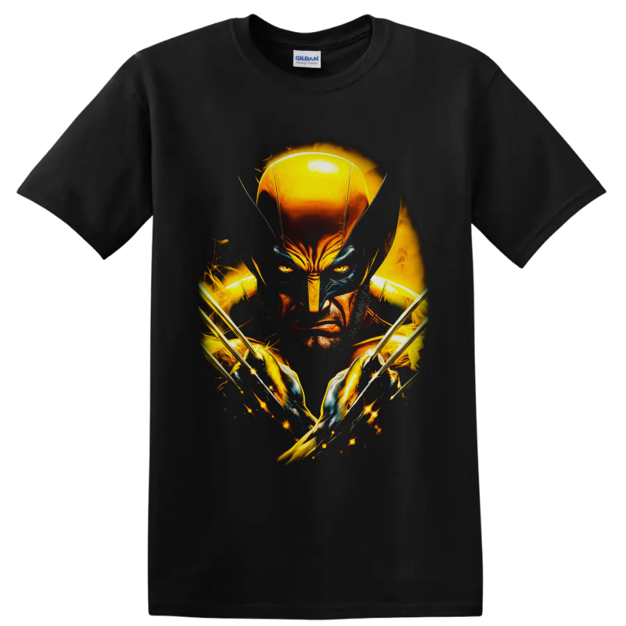 Wolverine Logan portrait with gold mask, crossed claws, sparks, and fiery superhero art on a Black T Shirt