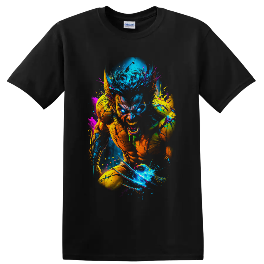 Wolverine neon comic action art with claws, glowing eyes, and electric paint splashes on a Black T Shirt