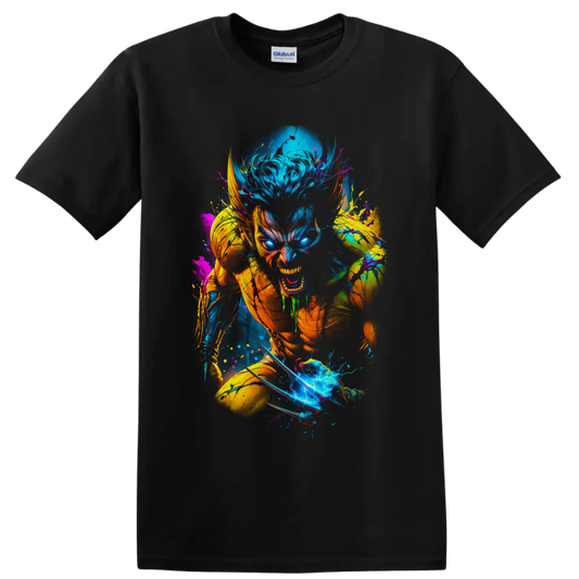 Wolverine neon comic action art with claws, glowing eyes, and electric paint splashes on a Black T Shirt