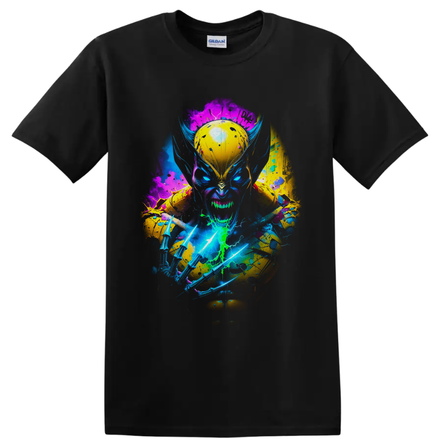 Wolverine neon comic portrait with glowing claws, lightning, and paint splatters on a Black T Shirt