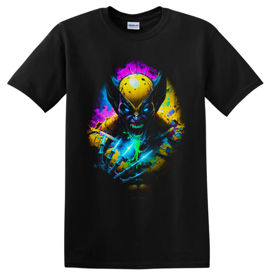 Wolverine neon comic portrait with glowing claws, lightning, and paint splatters on a Black T Shirt