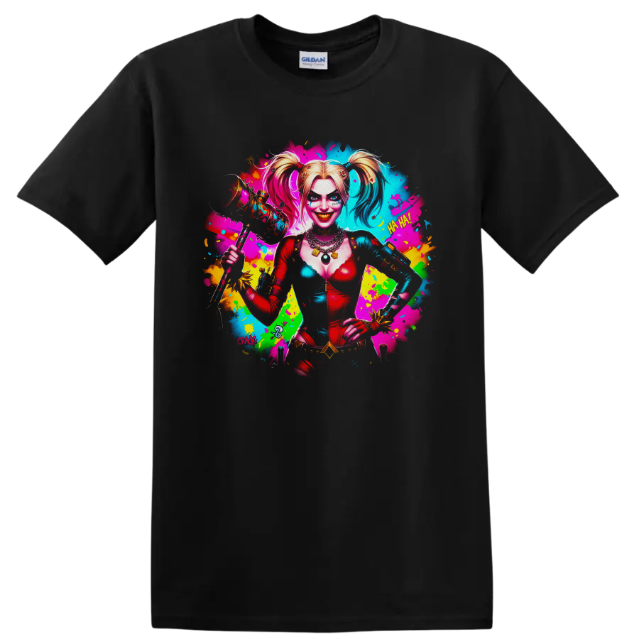 Harley Quinn neon pop art portrait with mallet, cards, and colorful paint splashes on a Black T Shirt