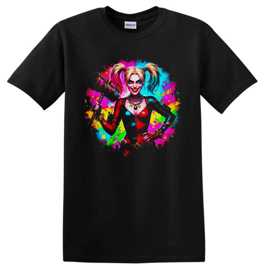 Harley Quinn neon pop art portrait with mallet, cards, and colorful paint splashes on a Black T Shirt