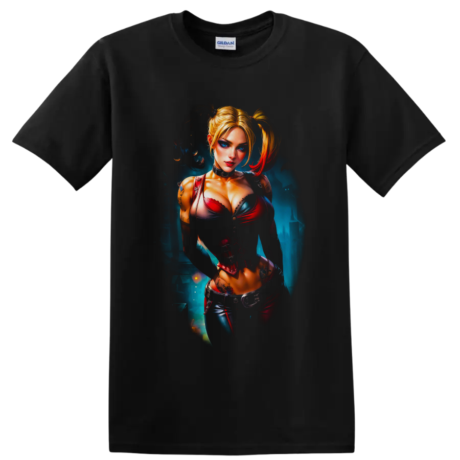 Harley Quinn portrait in red and blue corset art with blonde pigtails on a Black T Shirt