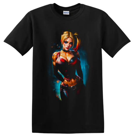 Harley Quinn portrait in red and blue corset art with blonde pigtails on a Black T Shirt