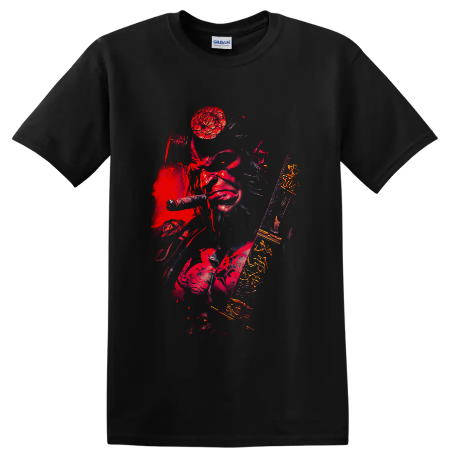 Hellboy red demon with revolver, sword, stone hand, and distressed gothic comic art on a Black T Shirt