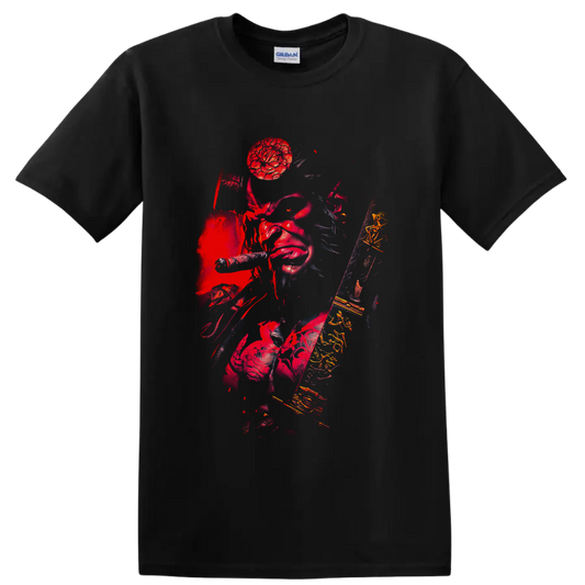 Hellboy red demon with revolver, sword, stone hand, and distressed gothic comic art on a Black T Shirt