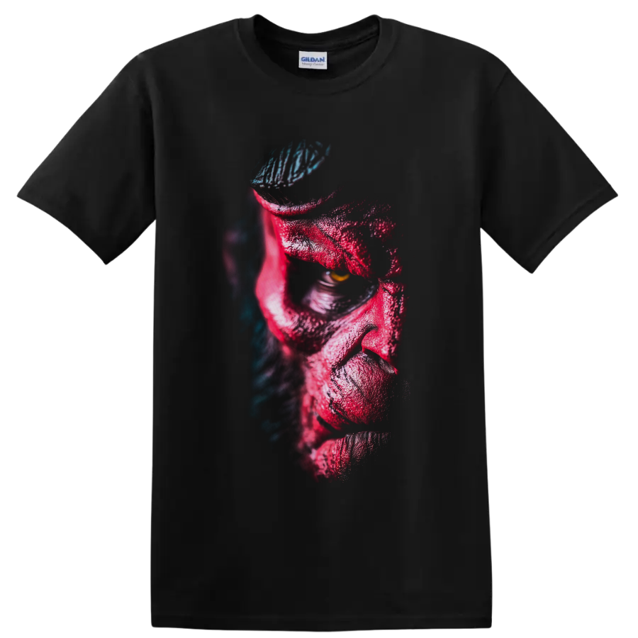 Hellboy red demon portrait with golden eye and blue-lit textured shadows on a Black T Shirt