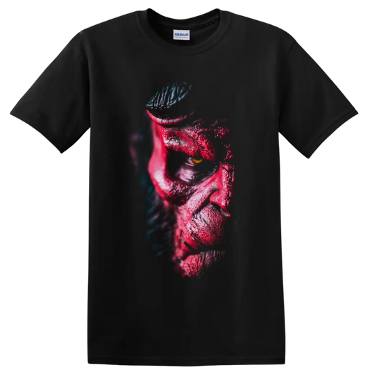 Hellboy red demon portrait with golden eye and blue-lit textured shadows on a Black T Shirt