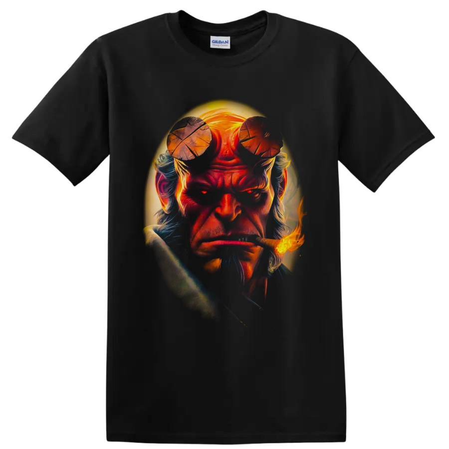Hellboy dark fantasy portrait with cropped horns, glowing halo, and flaming pipe on a Black T Shirt