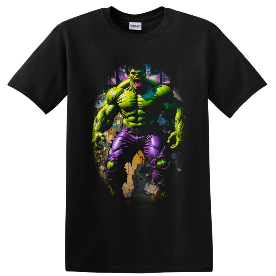 Hulk roaring superhero comic art with torn purple pants and gritty collage backdrop on a Black T Shirt