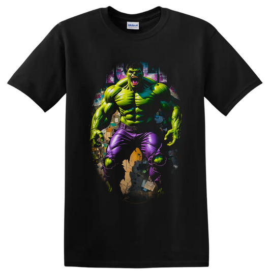 Hulk roaring superhero comic art with torn purple pants and gritty collage backdrop on a Black T Shirt