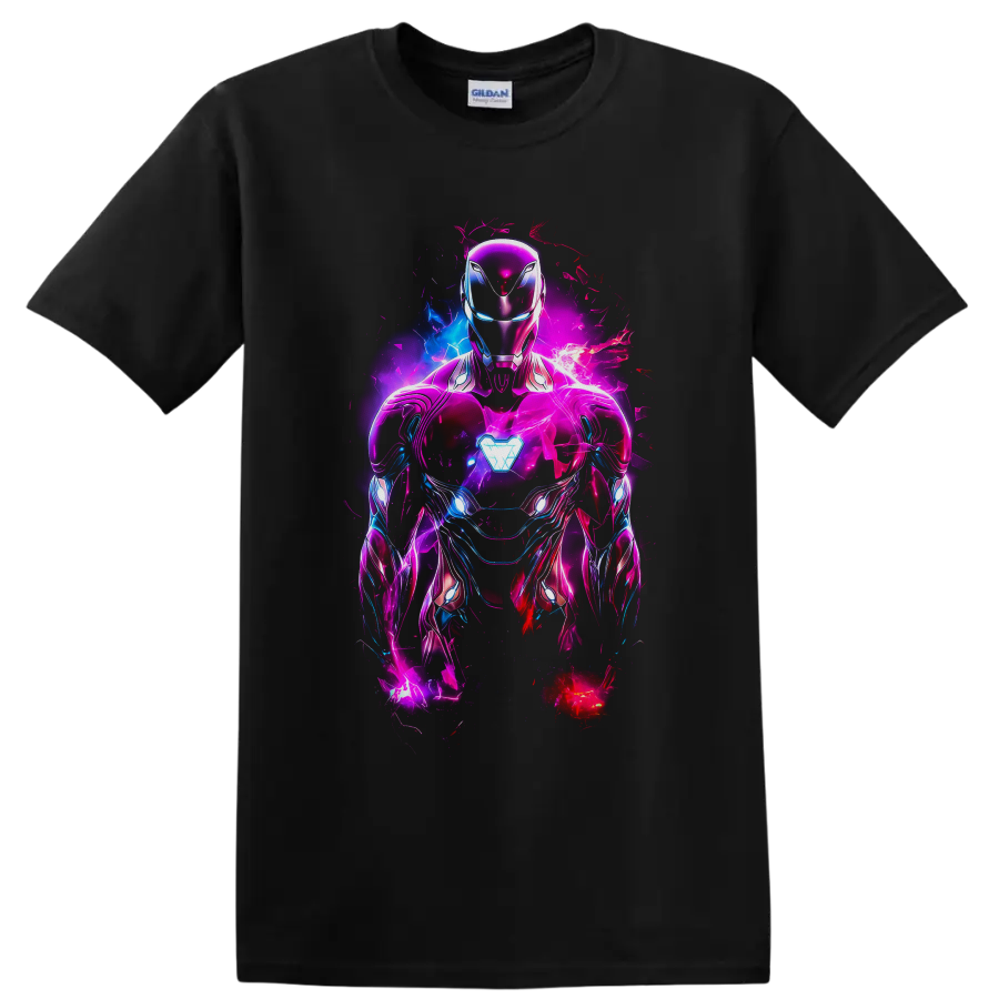 Iron Man in neon pink and blue armor with glowing arc reactor and electric comic effects on a Black T Shirt