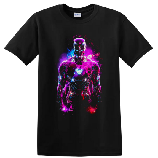 Iron Man in neon pink and blue armor with glowing arc reactor and electric comic effects on a Black T Shirt
