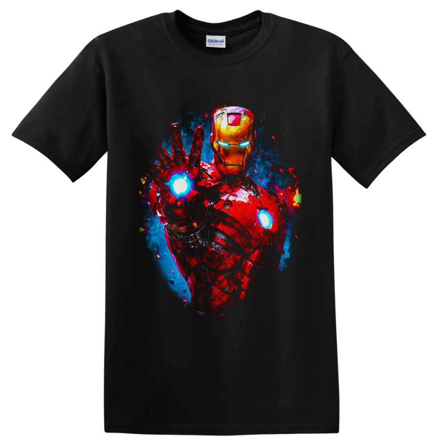 Iron Man red and gold armor with glowing arc reactor and raised repulsor comic art on a Black T Shirt