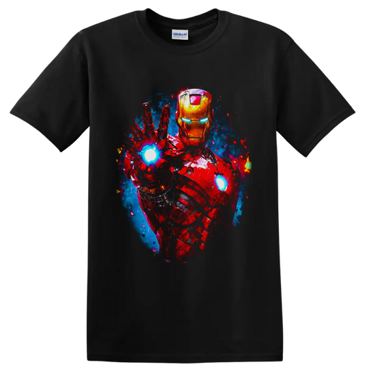 Iron Man red and gold armor with glowing arc reactor and raised repulsor comic art on a Black T Shirt