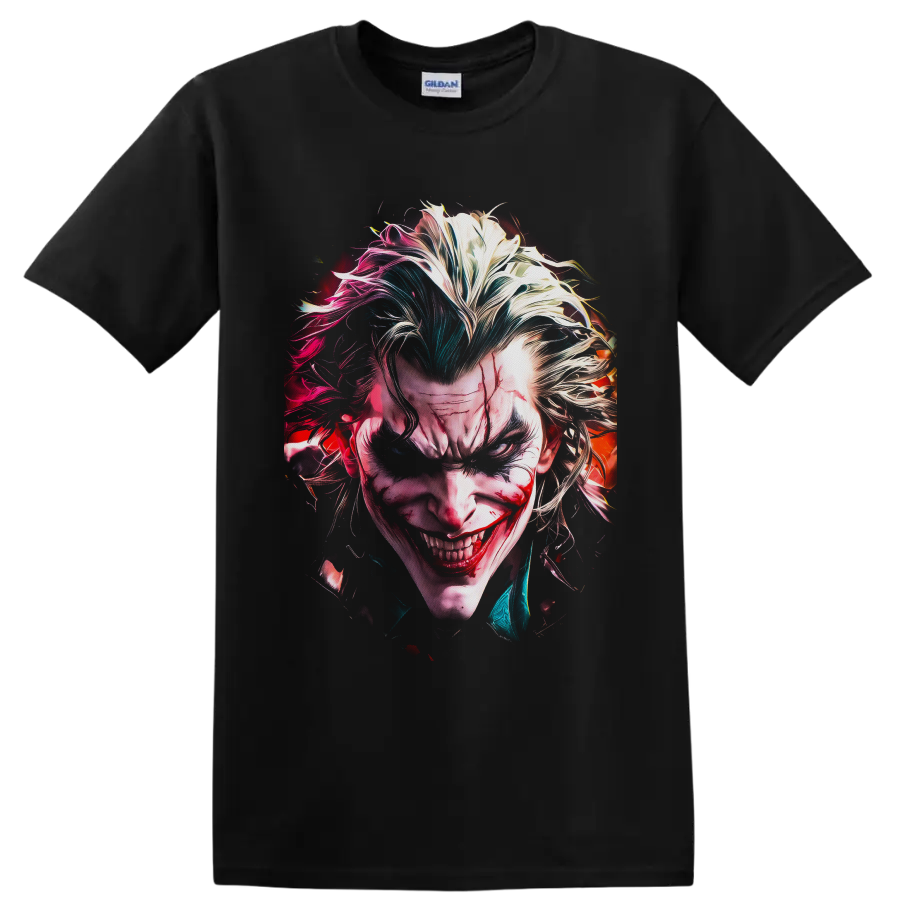 Joker sinister portrait with wild multicolor hair and a chilling comic horror grin on a Black T Shirt