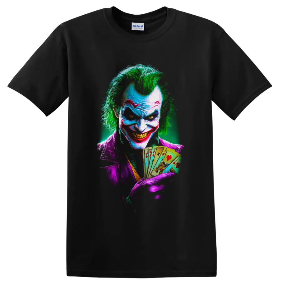 Joker comic-style portrait with green hair, purple suit, sinister grin, and playing cards on a Black T Shirt