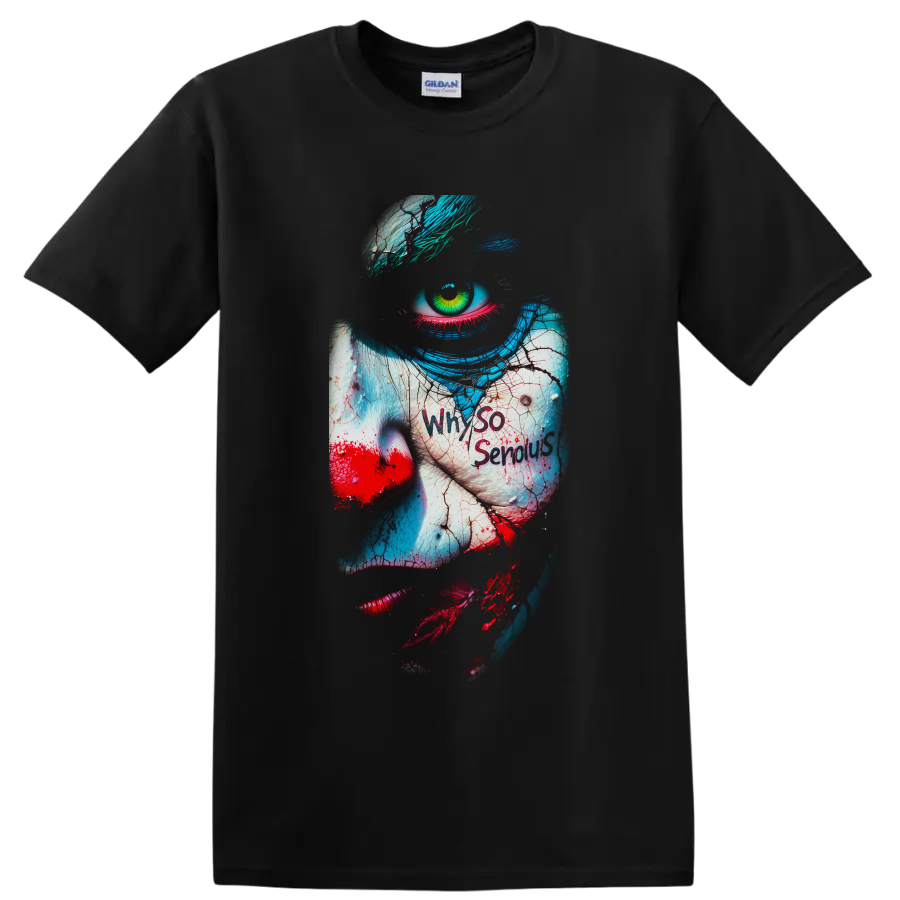 Joker horror clown close-up with green eye, teal hair, red lips, and cracked paint on a Black T Shirt