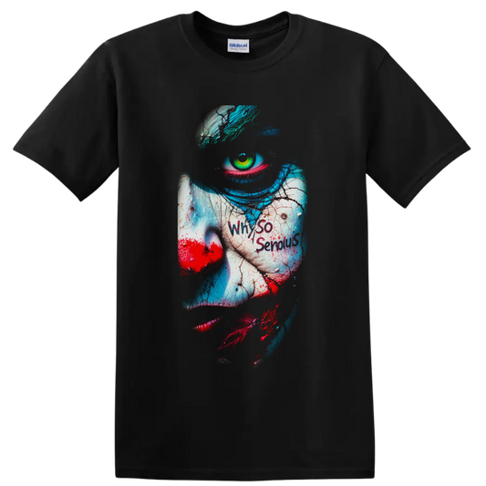 Joker horror clown close-up with green eye, teal hair, red lips, and cracked paint on a Black T Shirt