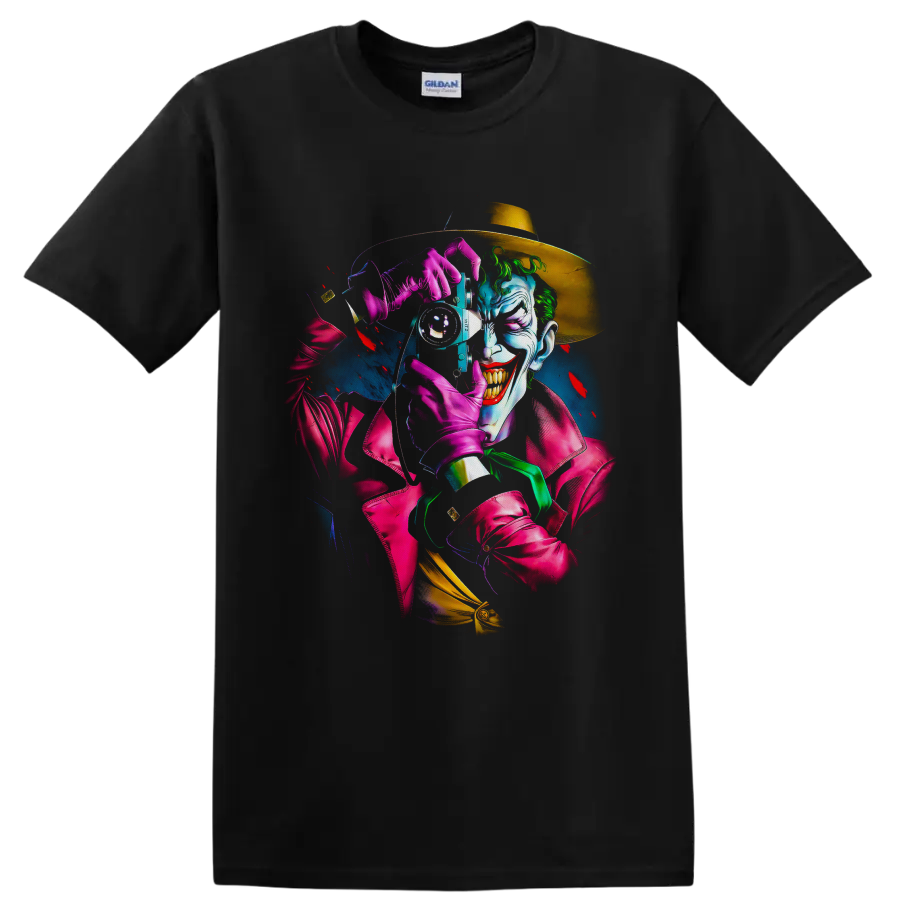 Neon Joker camera portrait with golden hat, pink gloves, and graphic novel styling on a Black T Shirt