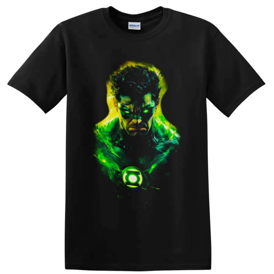 Hal Jordan Green Lantern neon portrait with glowing emblem and energy effects on a Black T Shirt