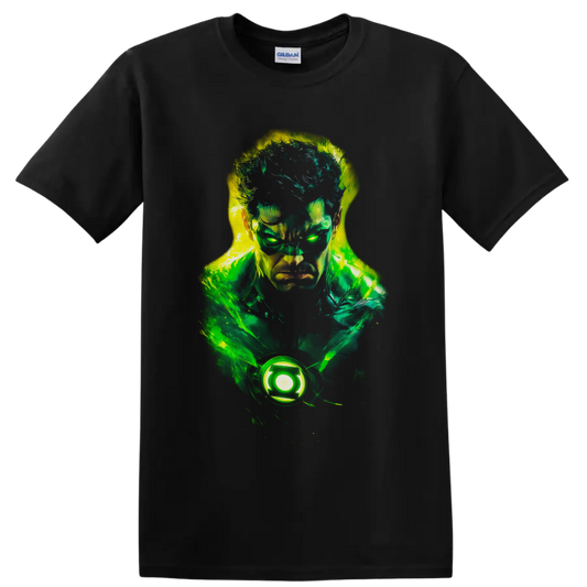 Hal Jordan Green Lantern neon portrait with glowing emblem and energy effects on a Black T Shirt
