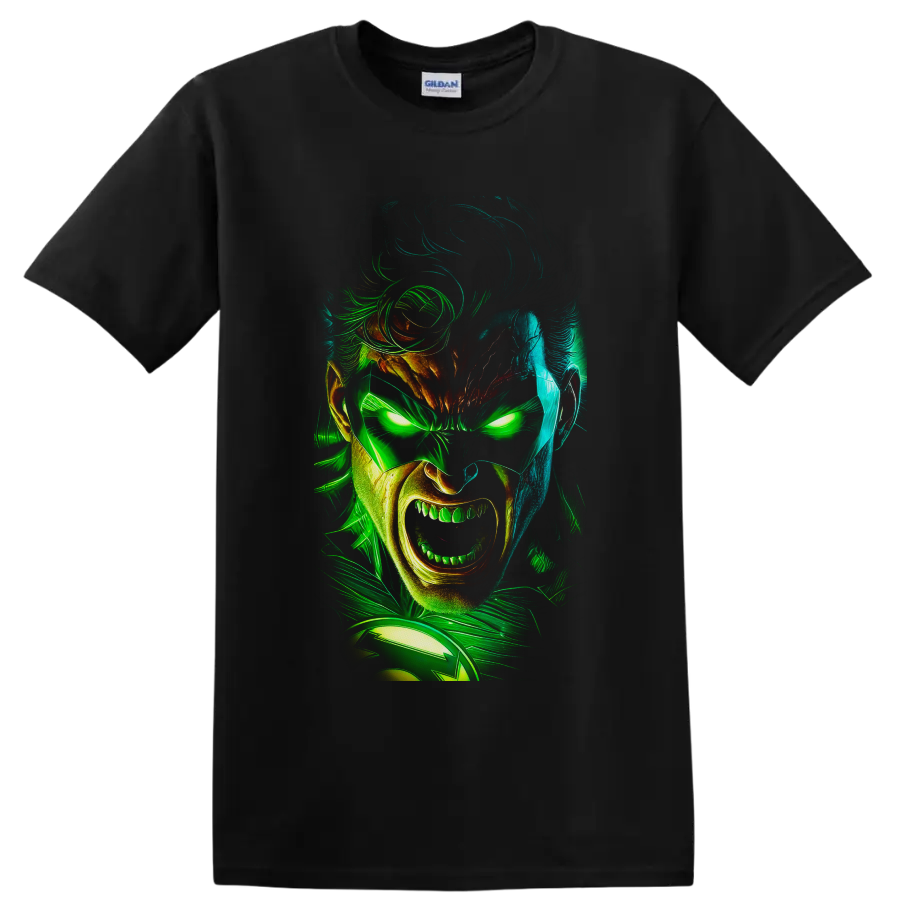 Guy Gardner as Green Lantern in neon comic portrait with glowing eyes and energy swirls on a Black T Shirt