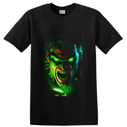 Guy Gardner as Green Lantern in neon comic portrait with glowing eyes and energy swirls on a Black T Shirt