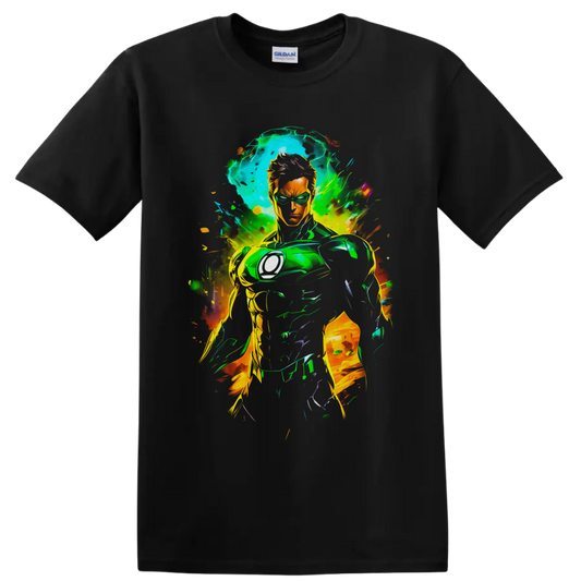 Kyle Rayner as White Lantern in neon comic art with green energy and paint splashes on a Black T Shirt