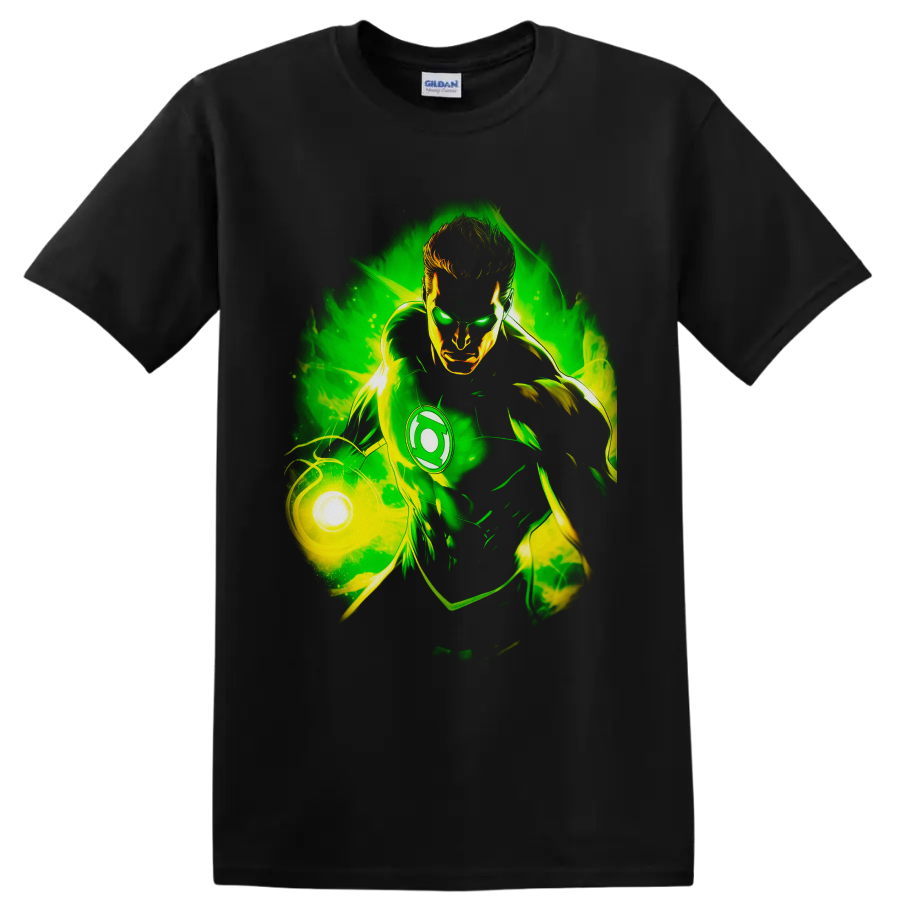 Hal Jordan Green Lantern comic art with glowing power ring and swirling green energy on a Black T Shirt