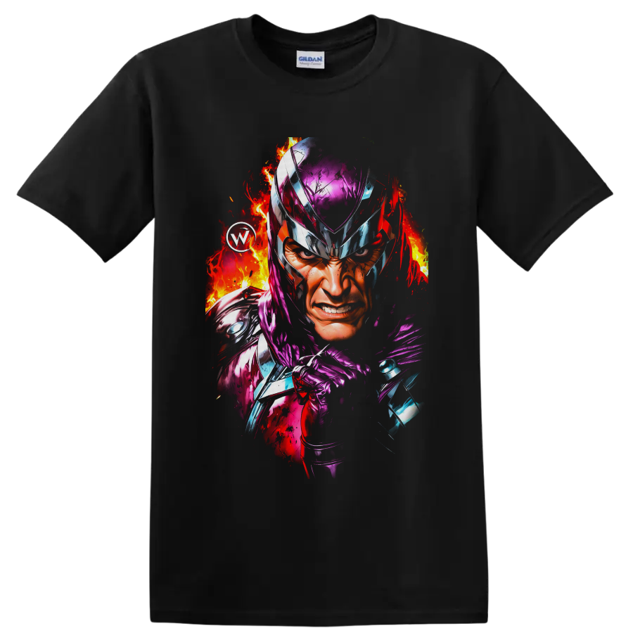 Magneto fiery helmet portrait with purple armor and comic-style flame splashes on a Black T Shirt