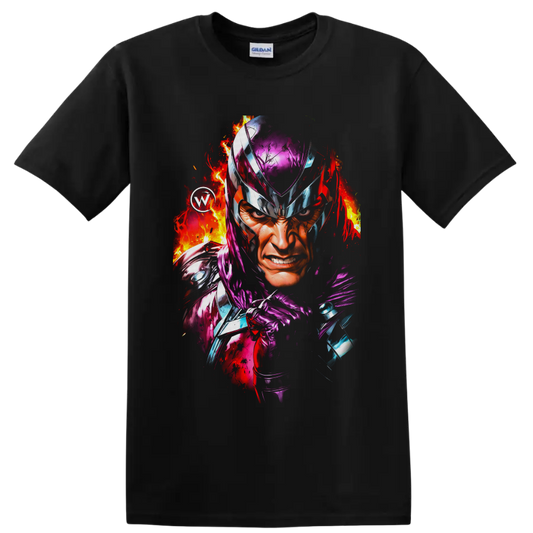Magneto fiery helmet portrait with purple armor and comic-style flame splashes on a Black T Shirt
