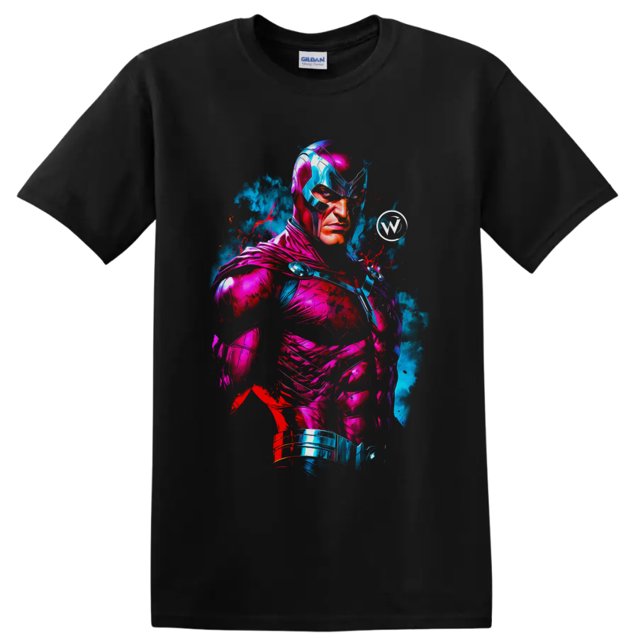 Citizen Steel neon armored superhero portrait with blue smoke and red paint splatters on a Black T Shirt