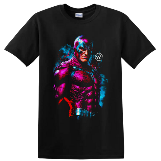 Citizen Steel neon armored superhero portrait with blue smoke and red paint splatters on a Black T Shirt