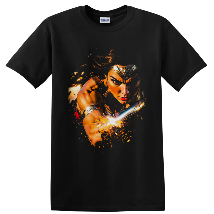 Wonder Woman warrior portrait with golden armor, silver bracer, and fiery battle sparks on a Black T Shirt