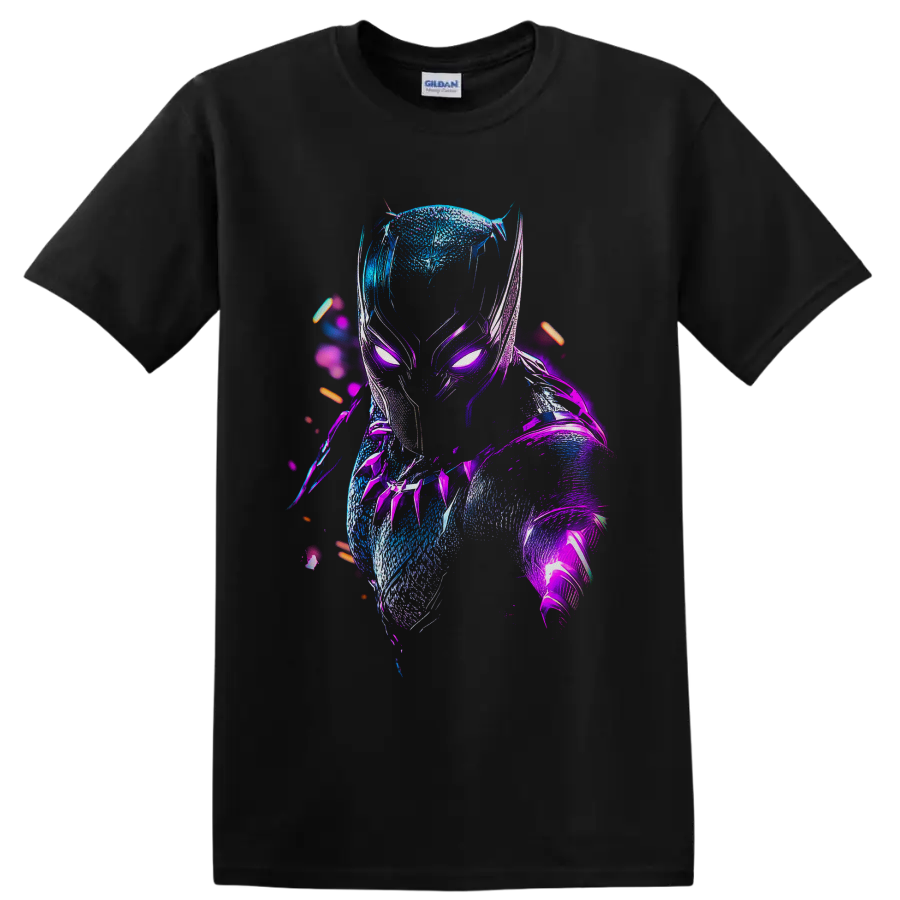 Black Panther T'Challa neon cyberpunk portrait with glowing blue and purple armor on a Black T Shirt
