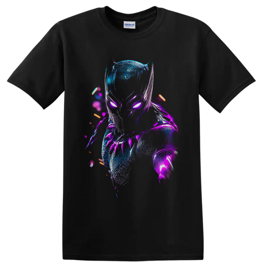 Black Panther T'Challa neon cyberpunk portrait with glowing blue and purple armor on a Black T Shirt