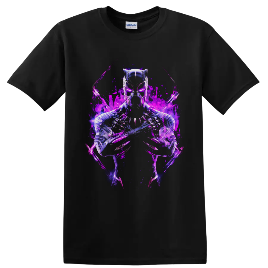 Black Panther T'Challa in metallic armor with crossed claws and glowing purple energy on a Black T Shirt