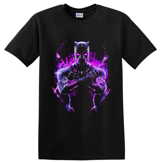 Black Panther T'Challa in metallic armor with crossed claws and glowing purple energy on a Black T Shirt