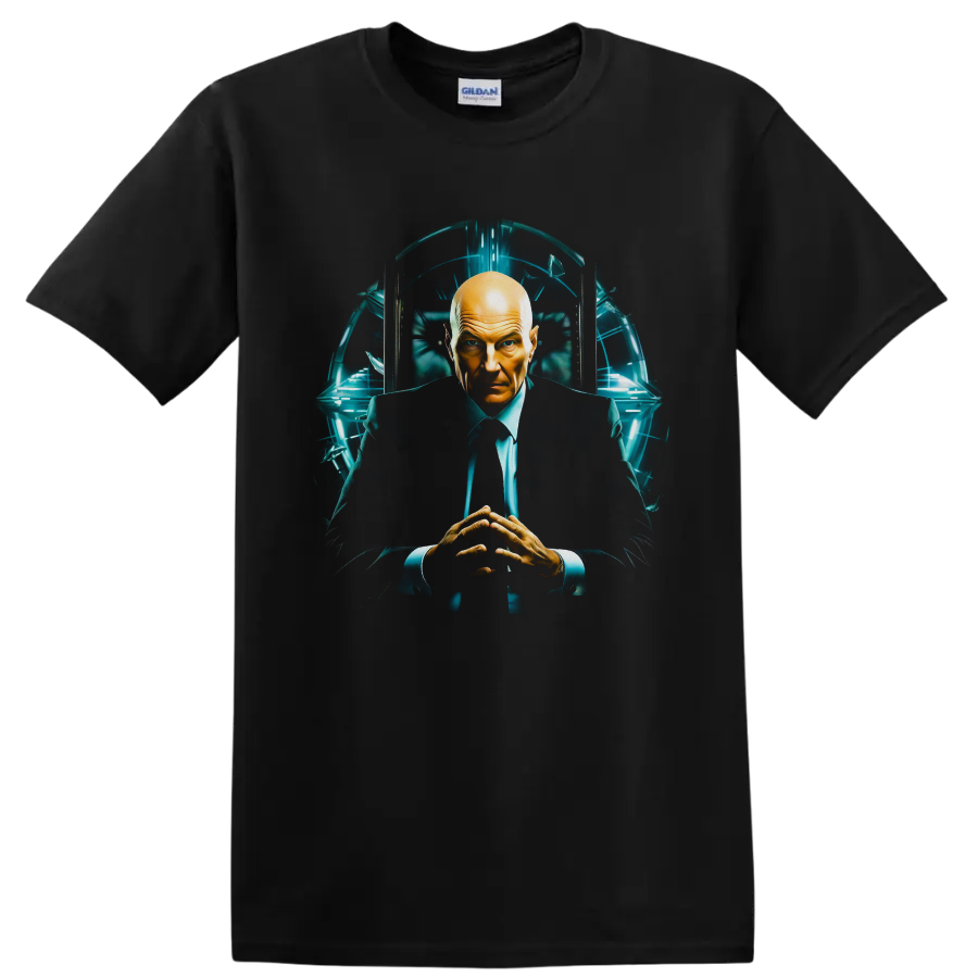 Professor X seated in a futuristic teal-lit chamber, cinematic sci-fi portrait artwork on a Black T Shirt