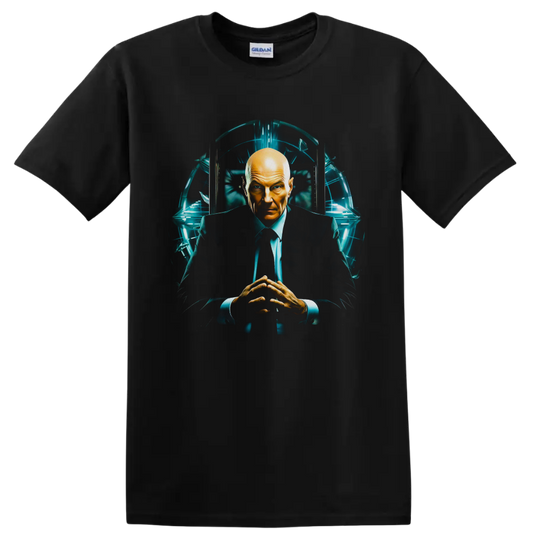 Professor X seated in a futuristic teal-lit chamber, cinematic sci-fi portrait artwork on a Black T Shirt