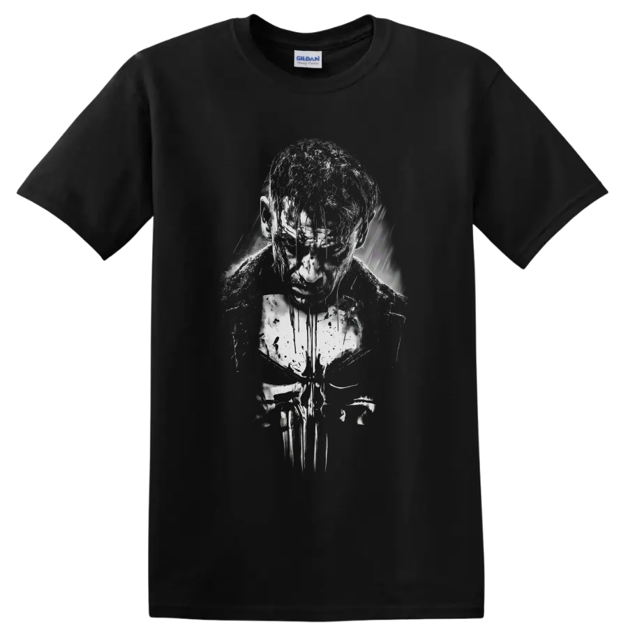 The Punisher Frank Castle distressed black-and-white vigilante portrait with skull motif on a Black T Shirt