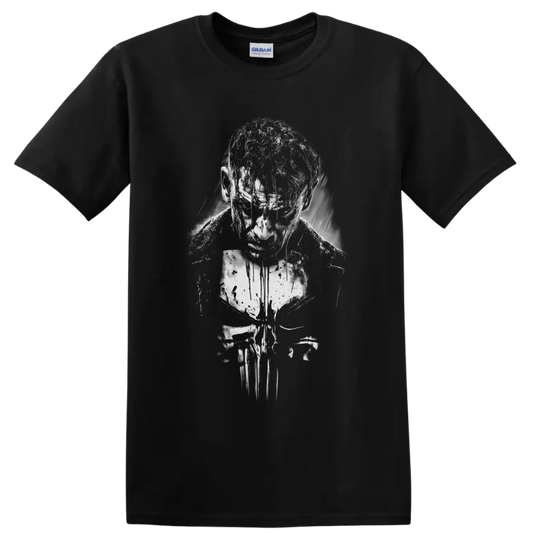 The Punisher Frank Castle distressed black-and-white vigilante portrait with skull motif on a Black T Shirt