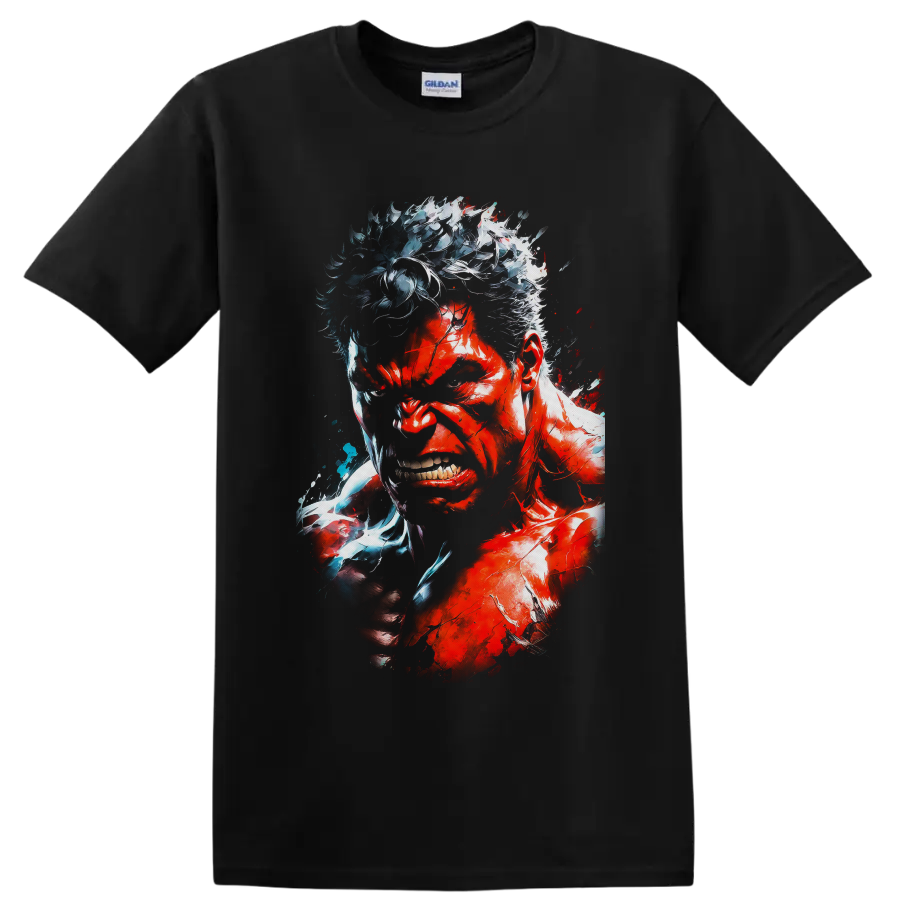 Red Hulk snarling portrait with clenched fist in explosive red and icy blue comic art on a Black T Shirt