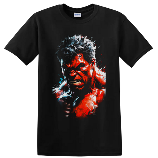 Red Hulk snarling portrait with clenched fist in explosive red and icy blue comic art on a Black T Shirt